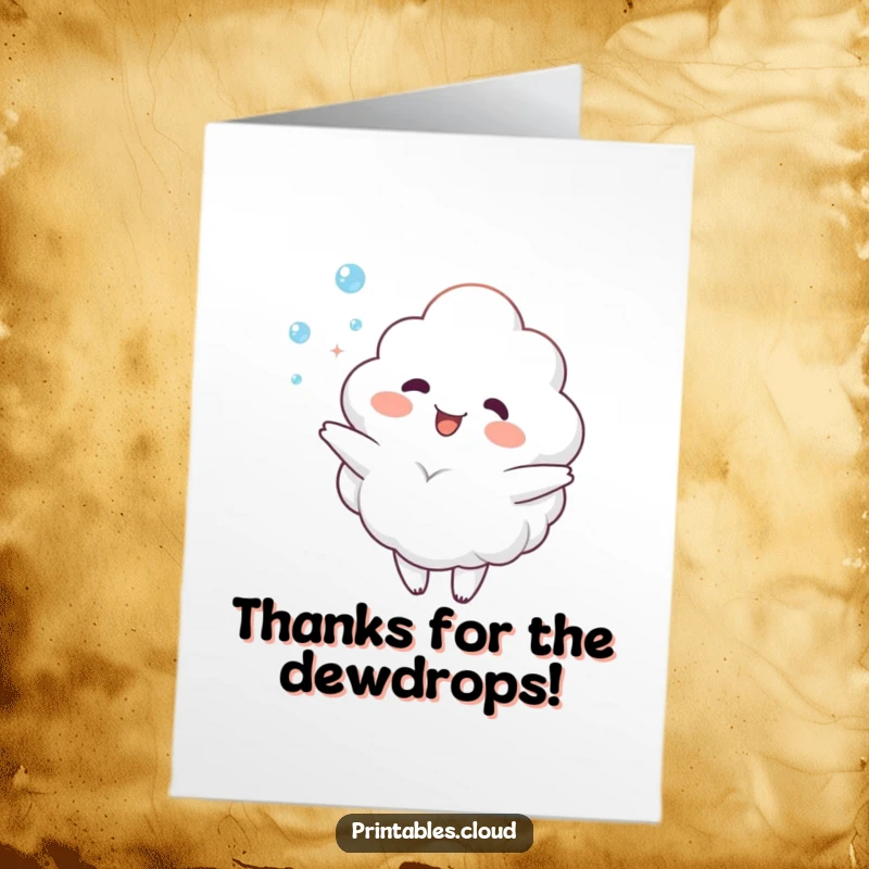 Funny Free Printable Thank You Card featuring a delighted cloud character juggling sparkling dewdrops, expressing sincere gratitude playfully.