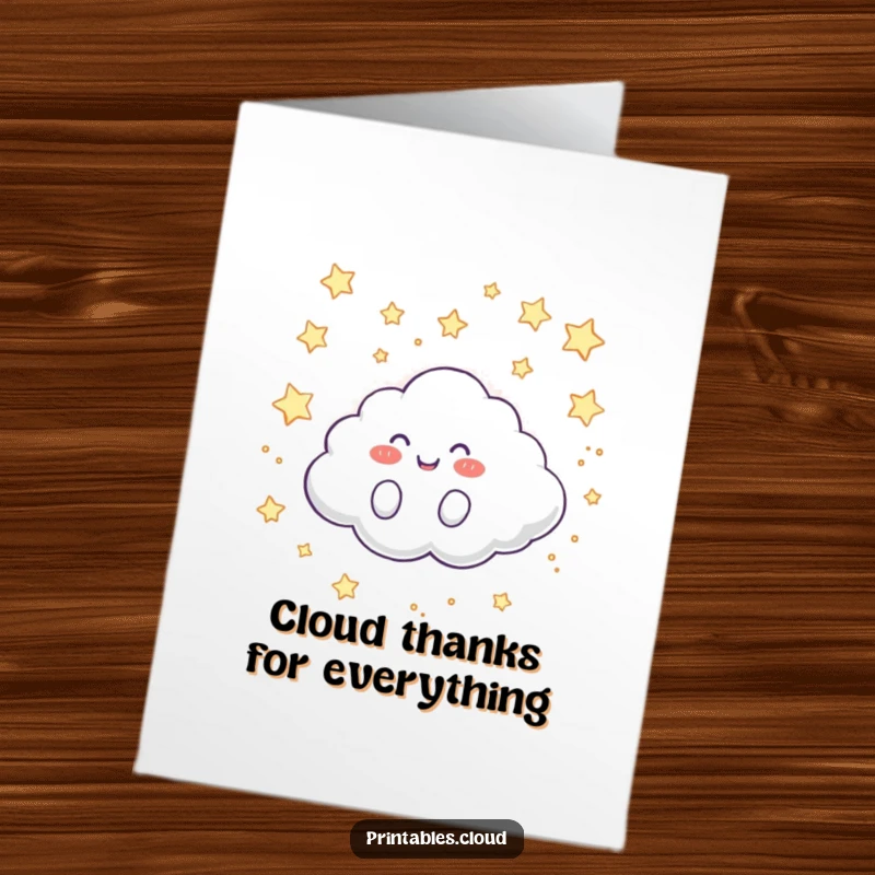 Funny Free Printable Thank You Card: A happy cloud character rolls across a starry sky, expressing gratitude with a cheerful, giggling demeanor.