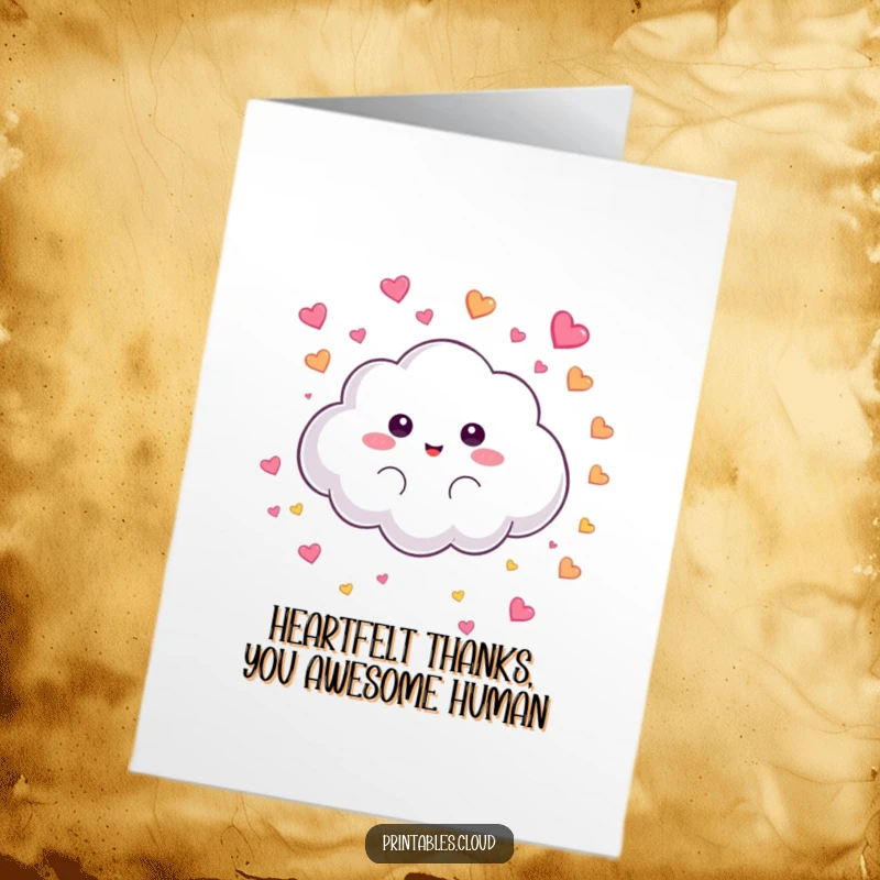 Funny Free Printable Thank You Card: Fluffy cloud character playfully raining colorful tiny hearts. A loving and cute way to say thanks.