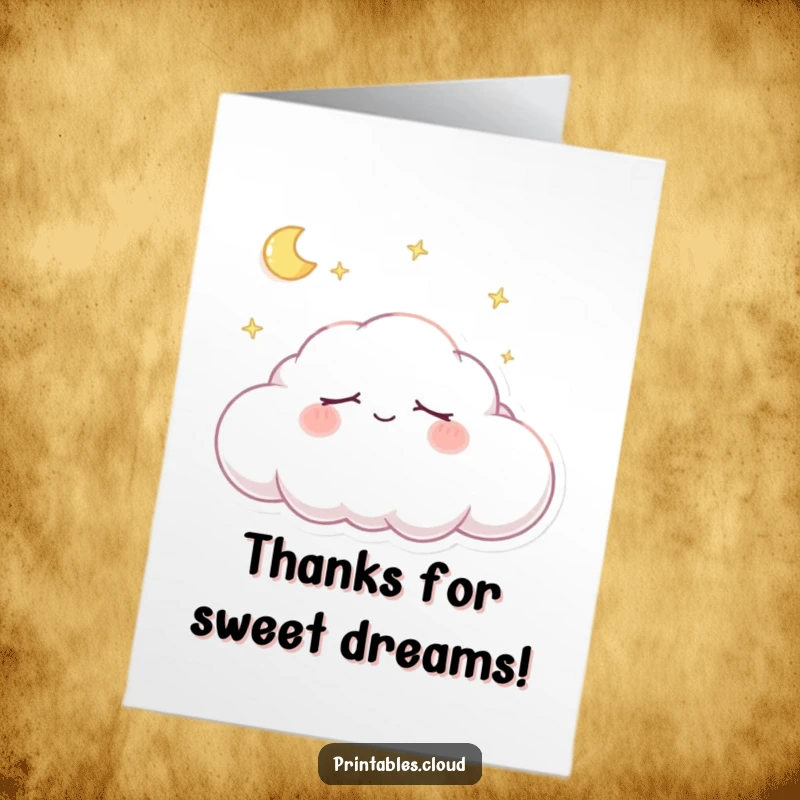 Funny Free Printable Thank You Card featuring a dreaming cloud character snoozing soundly, offering thanks with a gentle smile.