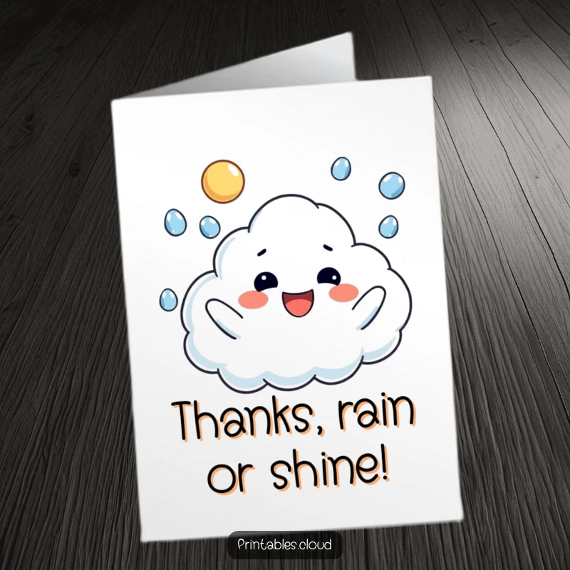 Funny Free Printable Thank You Card: A happy cloud character juggling falling raindrops with a playful and thankful expression.