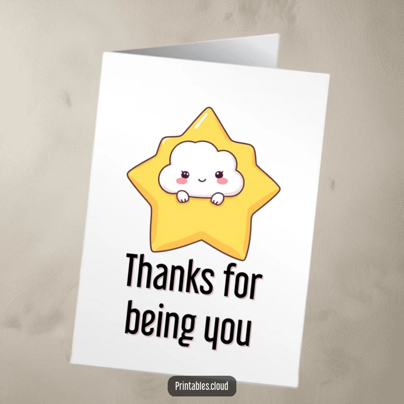 Funny Free Printable Thank You Card: Shy Cloud peeking from behind a star, expressing thanks in a bashful and endearing manner.