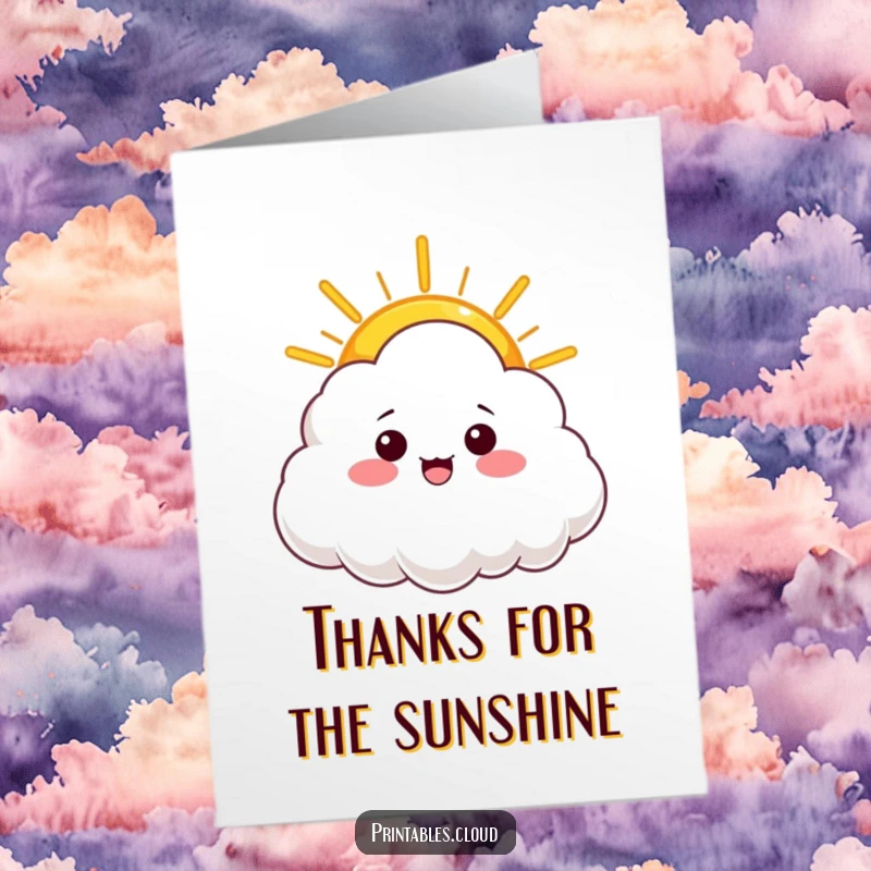 Funny Free Printable Thank You Card with a cloud character generously offering a bright, warm ray of sunshine.