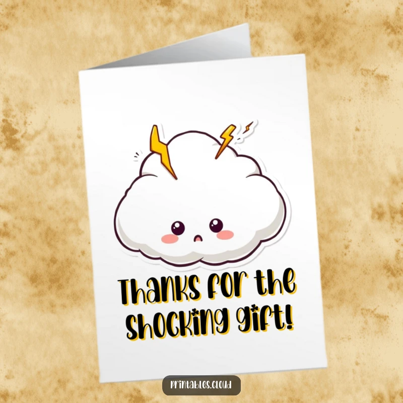 Funny Free Printable Thank You Card: A surprised cloud character with lightning bolts bursting out, a shocking thank you.