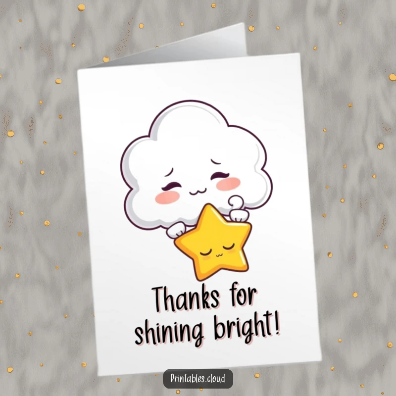 Whimsical free printable thank you card featuring a playful cloud playfully teasing a sleepy star with a soft puff.