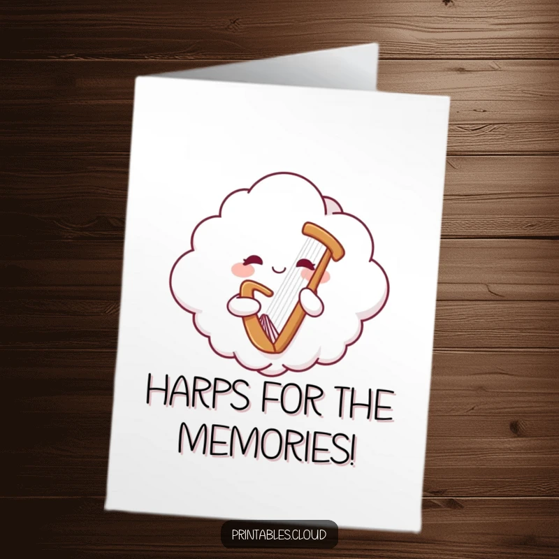 Sweet free printable thank you card depicting a content cloud character playing a small, delicate harp.