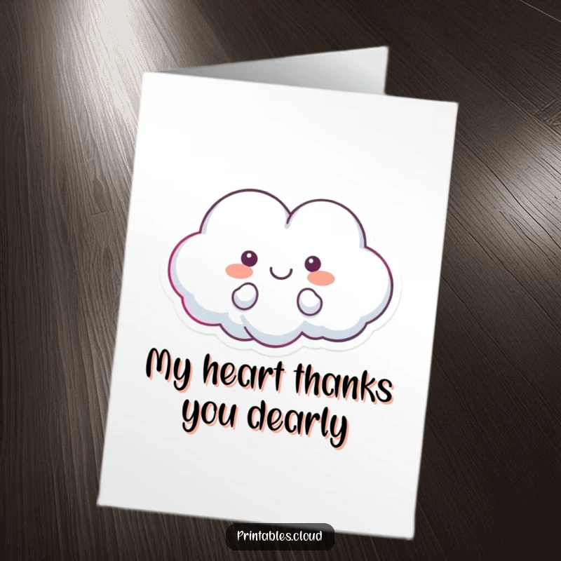 Funny Free Printable Thank You Card showcasing a delightful heart-shaped cloud character floating with pure happiness.