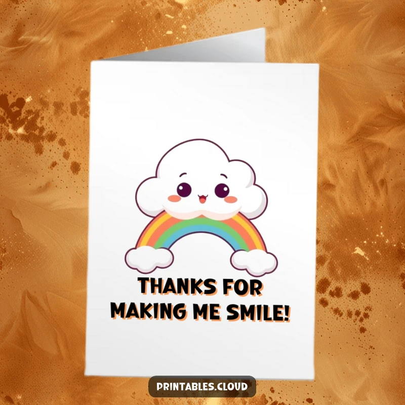 Funny Free Printable Thank You Card: A surprised cloud peeking over a colorful rainbow, offering thanks with wide eyes.