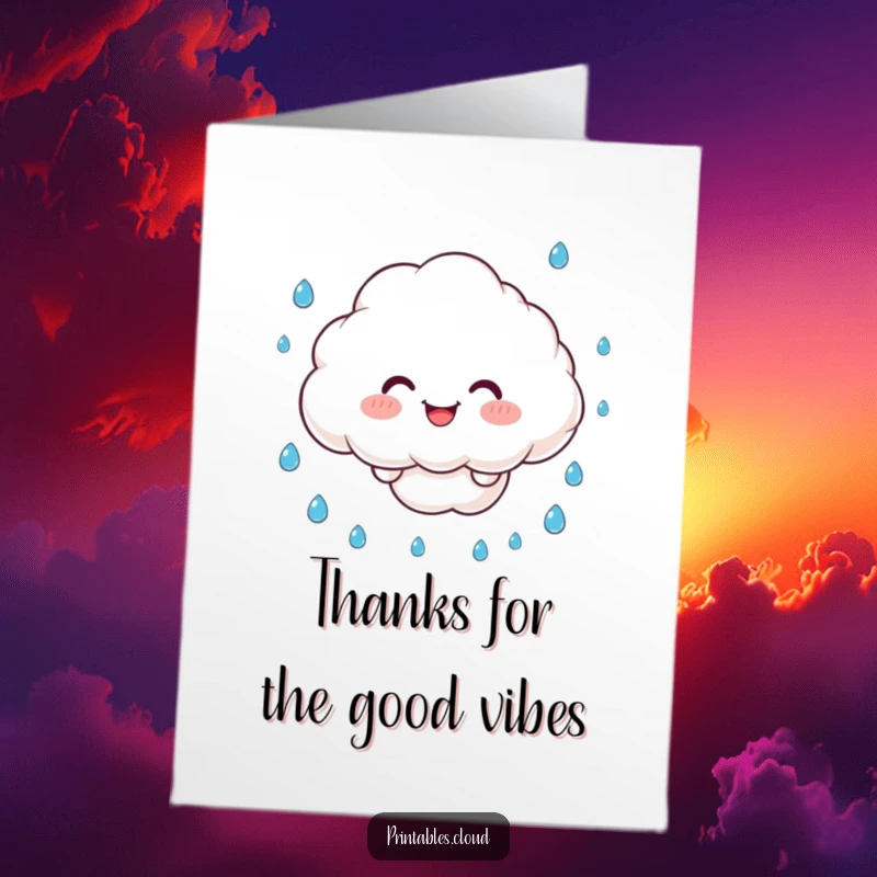 Funny Free Printable Thank You Card: A beaming cloud character juggles droplets of water with joy.