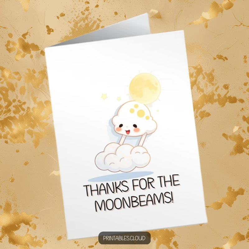 Charming free printable thank you card illustrating a cloud character expertly bouncing a luminous moon like a playful toy.