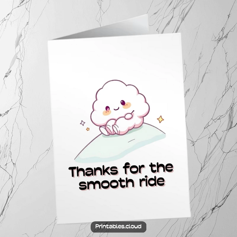 Funny Free Printable Thank You Card: Cloud character sliding with glee down a gentle misty slope.