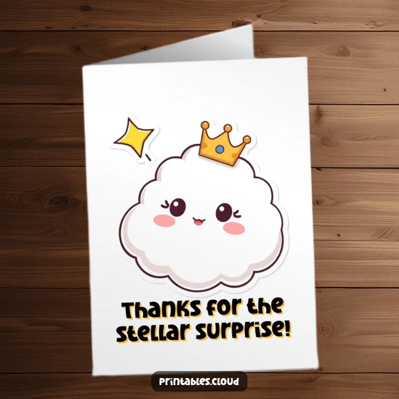 Funny Free Printable Thank You Card: Cloud with crown is surprised by a shooting star, expressing thanks.