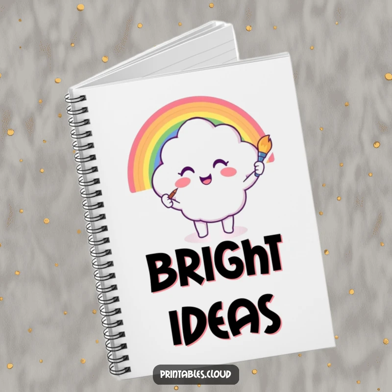 Funny notebook with a cloud painting a rainbow, artistic and cheerful theme, perfect for journaling and creative inspiration.