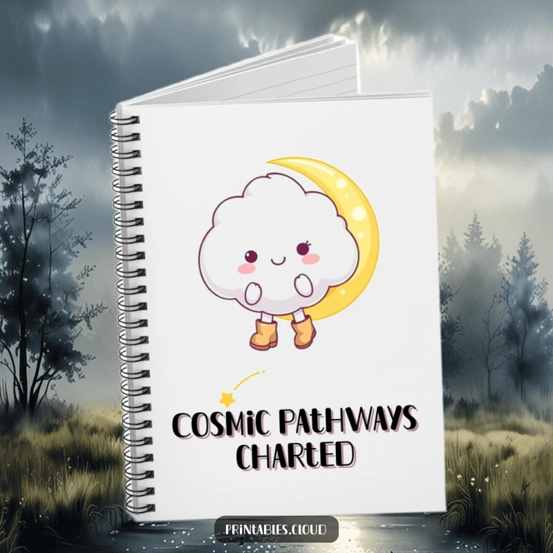 Funny cheerful cloud character, in tiny boots, tiptoeing on a moonbeam, in a notebook, for capturing whimsical thoughts humorously.