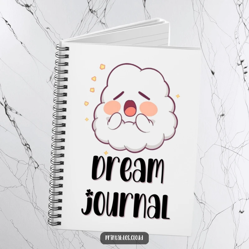 Funny Notebook: A sleepy cloud character yawns, releasing soft glowing dust onto the pages, perfect for humorous note-taking.