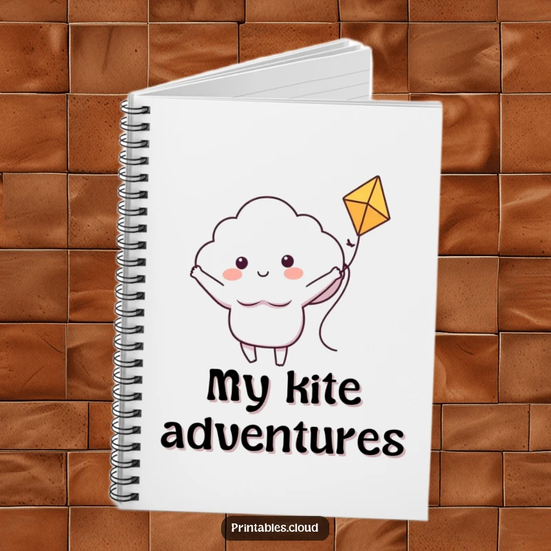 Funny notebook cover illustrating a joyful cloud character riding a kite with open arms, ready to record inspired thoughts.