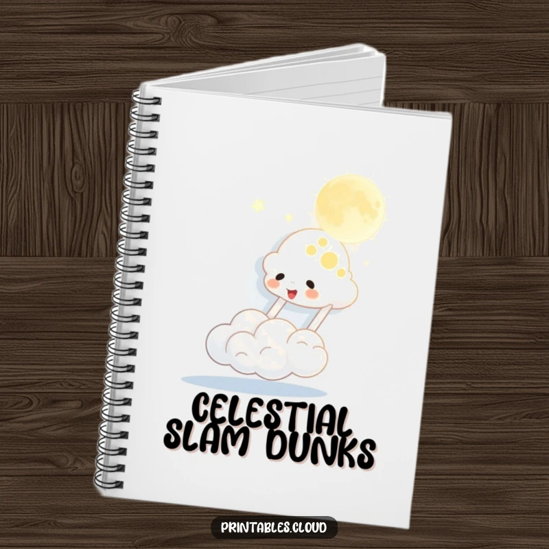Funny notebook with a cloud character bouncing the moon like a ball, perfect for capturing thoughts with celestial amusement.