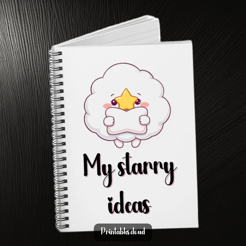 Funny notebook cover illustrating a cheerful cloud offering a pillow to a shining star, perfect for jotting down kind thoughts.