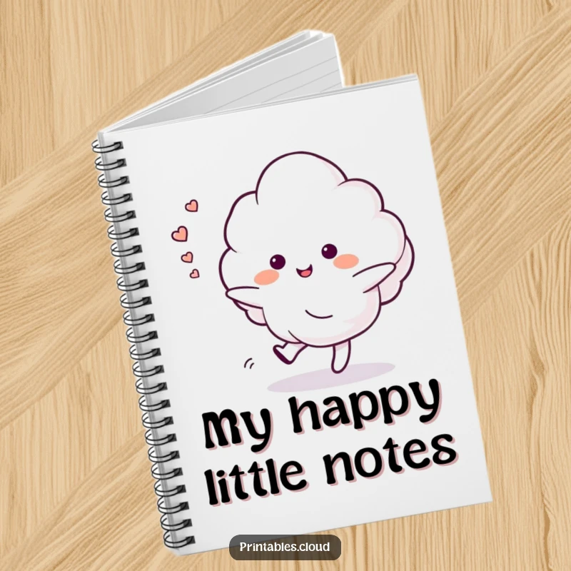 Funny notebook featuring a dancing cloud character leaving a trail of happy sighs, perfect for jotting down peaceful and creative thoughts.