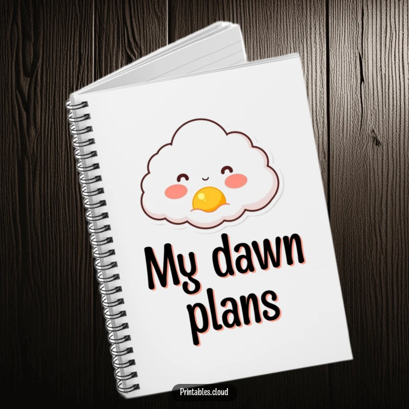 Funny notebook cover illustrating a rosy-cheeked cloud character joyfully watching a tiny sun rise, perfect for jotting down hopes.