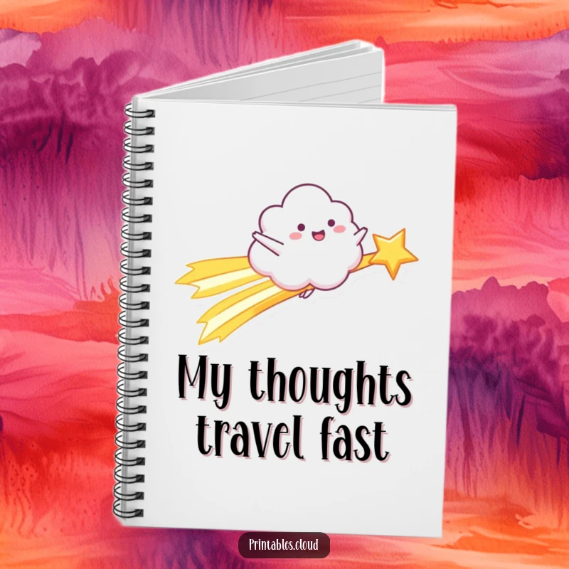 Funny Notebook: A happy cloud character rides a shooting star with arms outstretched, perfect for cosmic journaling.