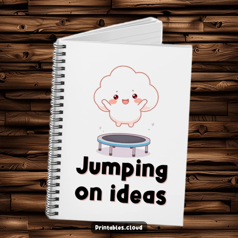 Funny notebook with a happy cloud character happily bouncing on a trampoline, ideal for capturing energetic thoughts.