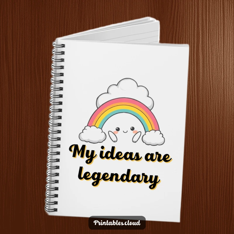 Funny notebook with a mischievous cloud character creating a miniature rainbow, ideal for jotting down funny ideas and notes.