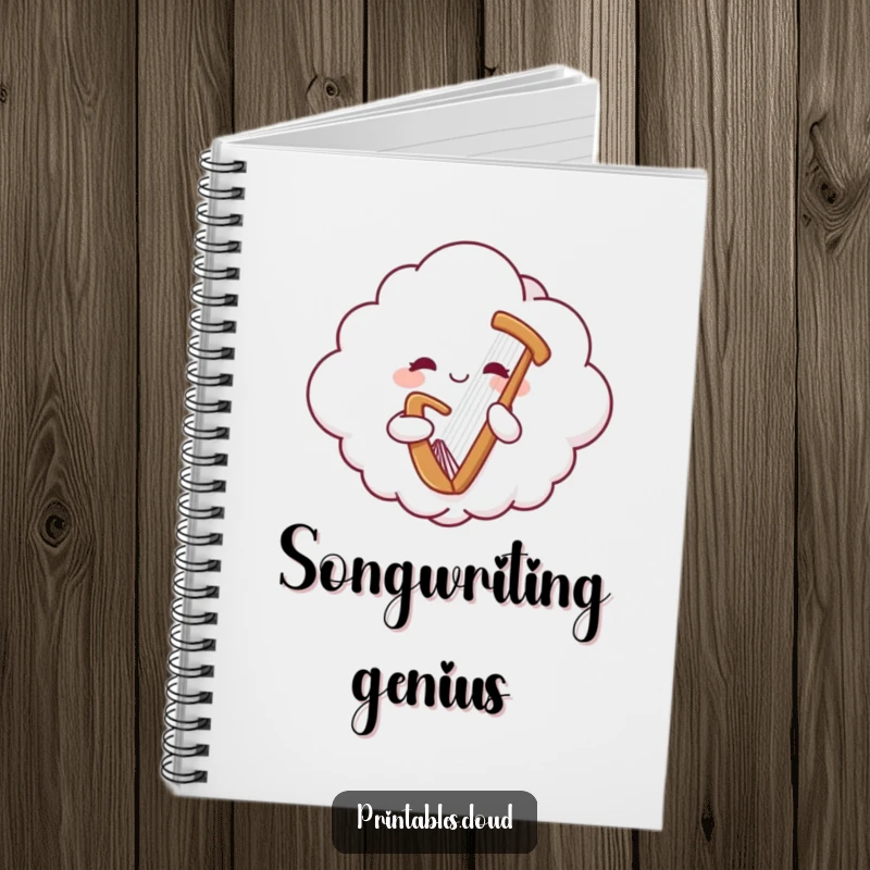 Funny notebook with a cheerful cloud character playing a gentle harp, perfect for capturing thoughts with musical amusement.
