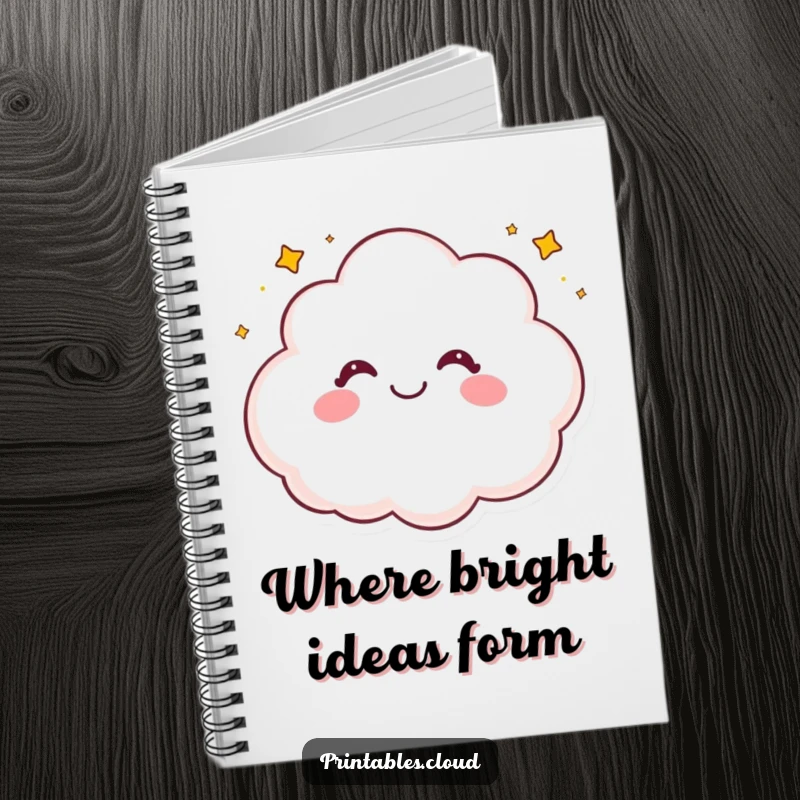 Funny notebook cover featuring a happy, giggling cloud character playfully sprinkling a shower of tiny, shimmering stars.