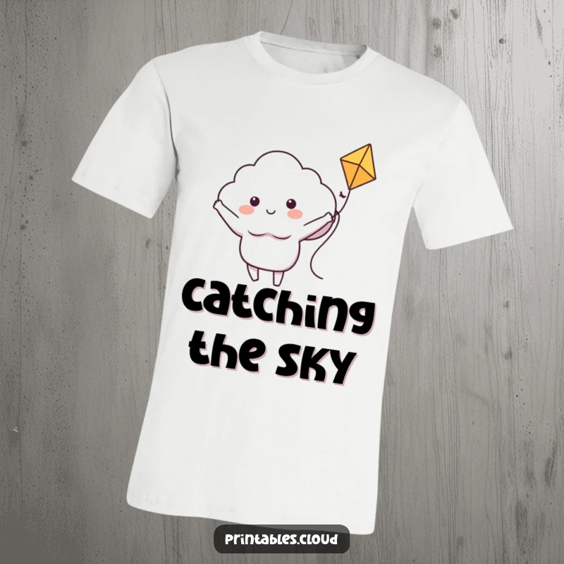 Funny t-shirt showing a cheerful cloud character with outstretched arms joyfully riding a kite, symbolizing boundless happiness.