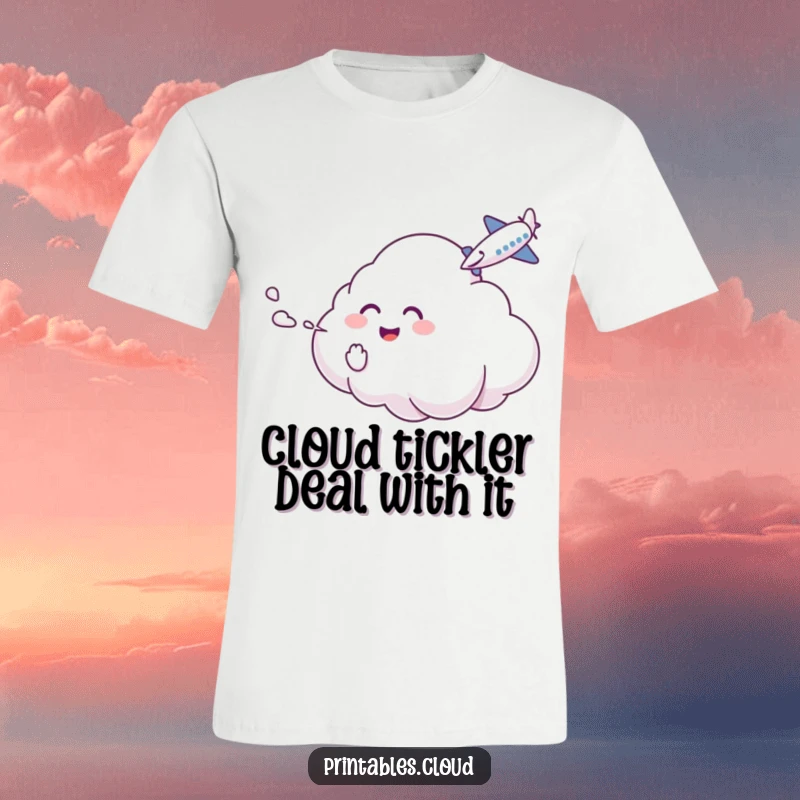 Funny T-Shirt: A laughing cloud character tickles an airplane with mist, capturing a moment of pure skyplay.