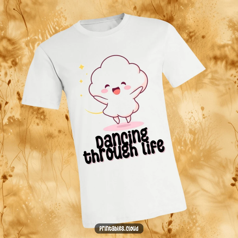 Funny T-Shirt: A delighted cloud character dances energetically, with a bright swirl of light trailing behind, a fun and humorous design.