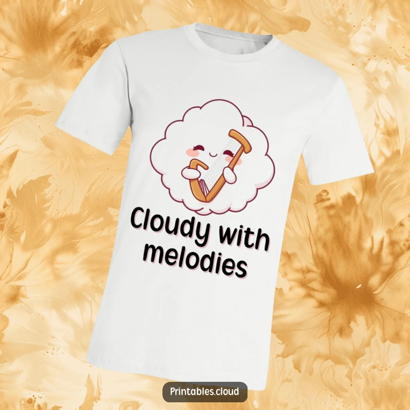 Funny t-shirt of a cheerful cloud character floating and playing a gentle harp, perfect for spreading musical joy.