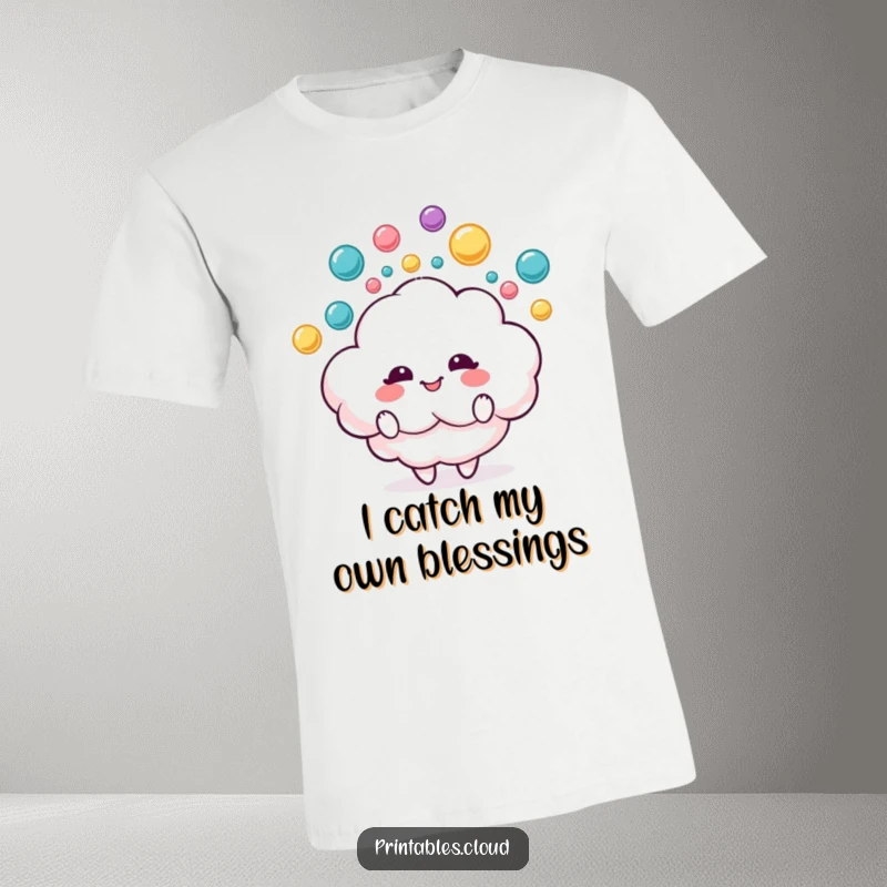 Funny t-shirt featuring a delighted fluffy cloud character juggling colorful raindrops, radiating happiness and whimsical energy.