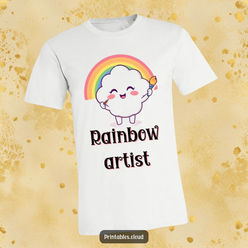Funny t-shirt featuring a cloud painting a vibrant rainbow with a brush, artistic and cheerful design, perfect for creative gifting.