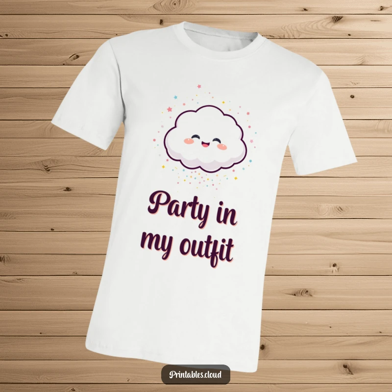 Funny t-shirt showcasing a giggling cloud character showering sparkling confetti, embodying pure celebratory joy.