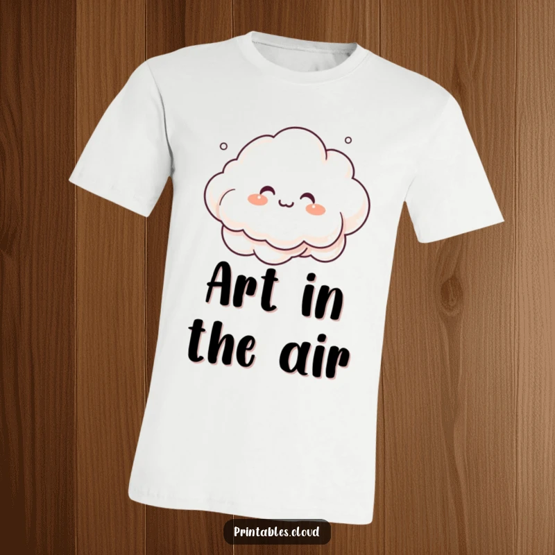 Funny giggling cloud character, making art with mist spray, on a comfortable t-shirt, a humorous and creative design.