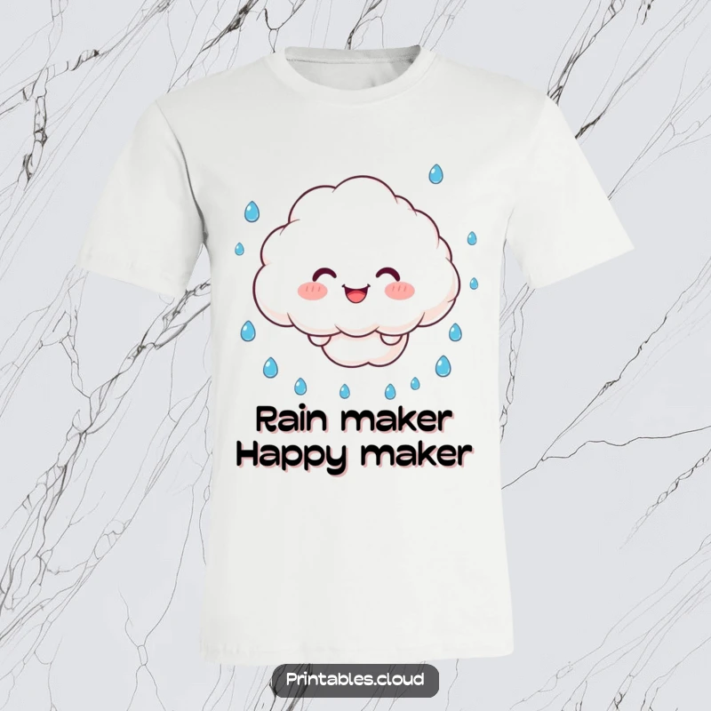 Funny T-Shirt: A smiling cloud character juggles falling raindrops with cheerful skill, embodying playful weather.