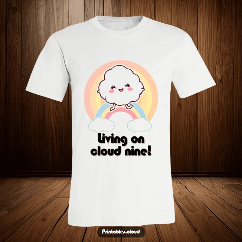 Funny t-shirt showcasing a leggy, ecstatic cloud character mid-leap on a colorful rainbow, symbolizing pure joy.