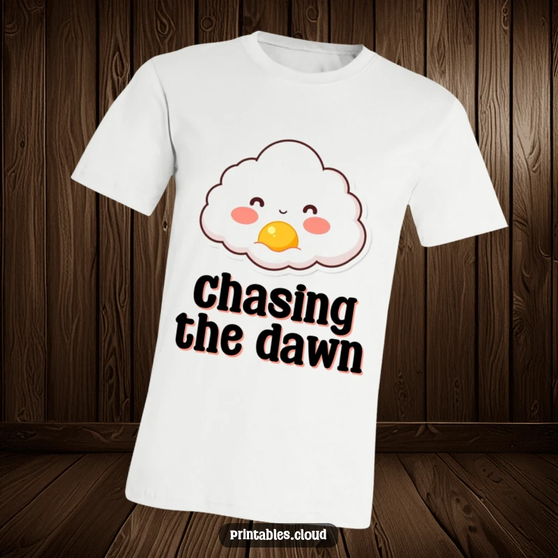 Funny t-shirt showing a charming cloud character with rosy cheeks delightedly watching a small sun rise, conveying morning joy.