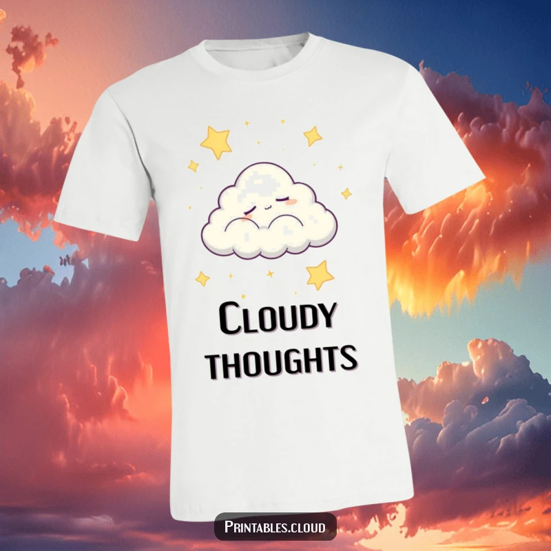 Funny t-shirt design of a sleepy cloud character peacefully drifting through a starry night sky, a humorous and calming scene.