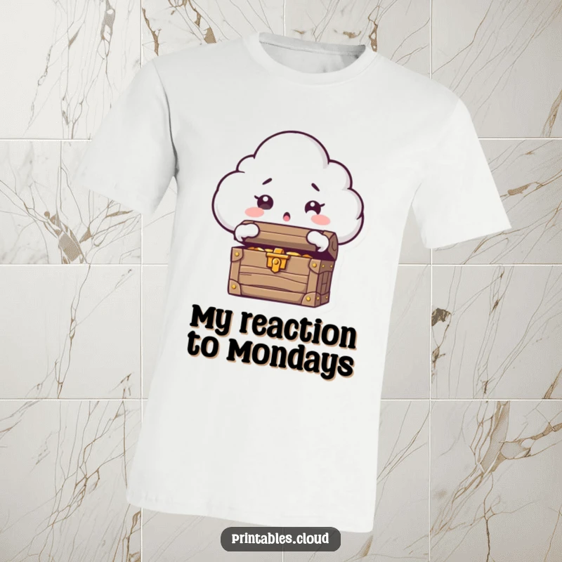 Funny t-shirt depicting a cloud character with exaggerated surprise, opening a treasure chest overflowing with riches.