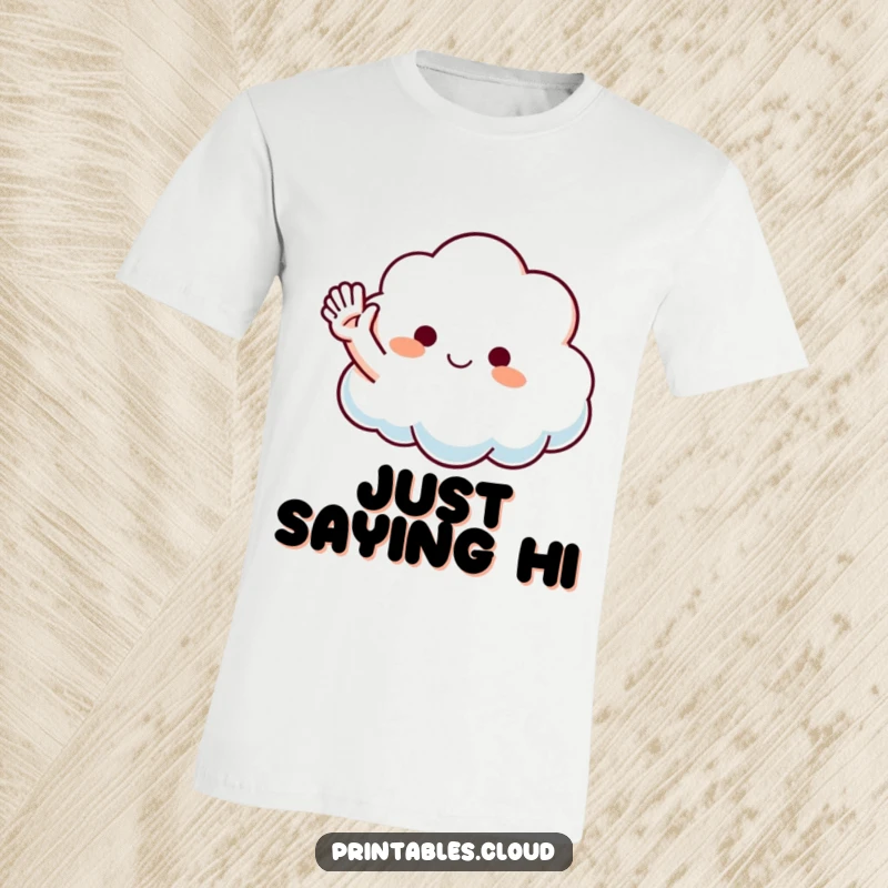 Funny Waving Cloud T-Shirt showcasing a fluffy cloud character with a playful arm raised in a friendly wave, perfect for happy greetings.