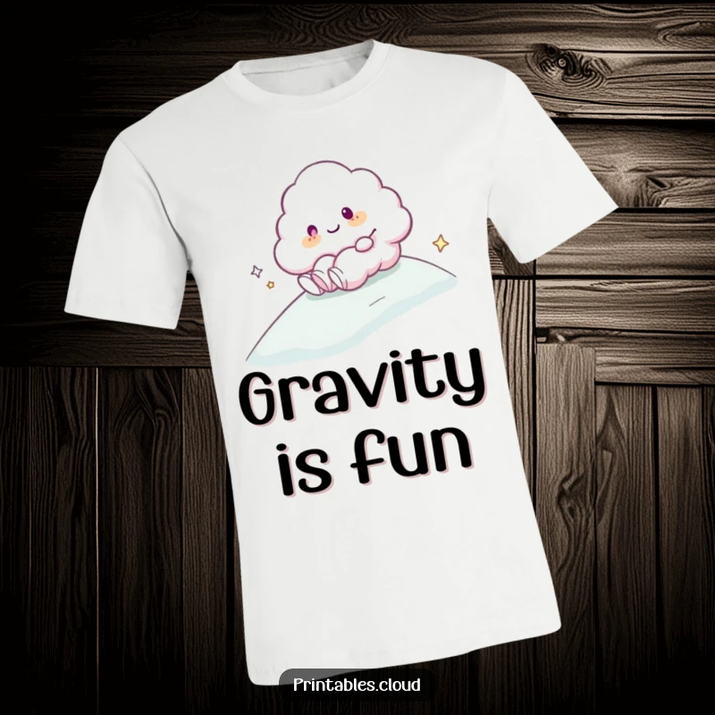 Funny T-Shirt: A cute cloud character happily sliding down a gentle, misty slope, full of adventurous glee.