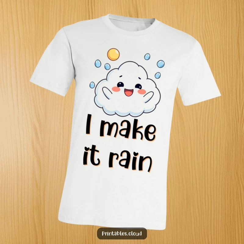 Funny t-shirt depicting a happy cloud character skillfully juggling raindrops, spreading cheer with every drop.