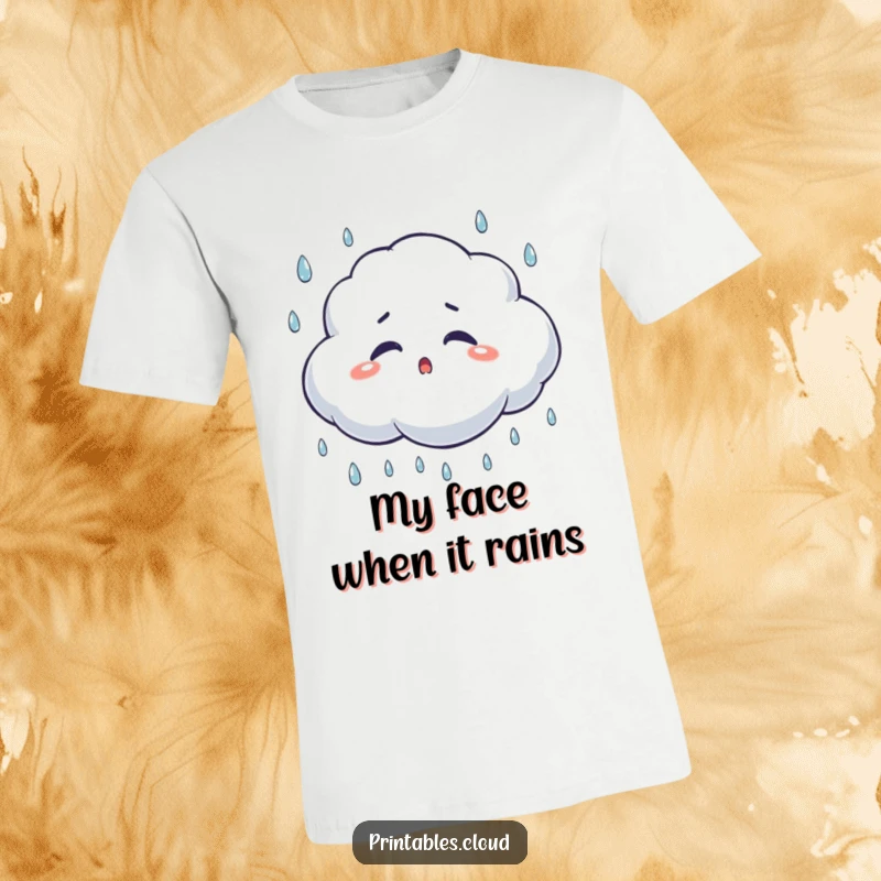 Funny surprised cloud t-shirt, blinking during a rain shower, illustrating a comical, unexpected moment in a wearable design.