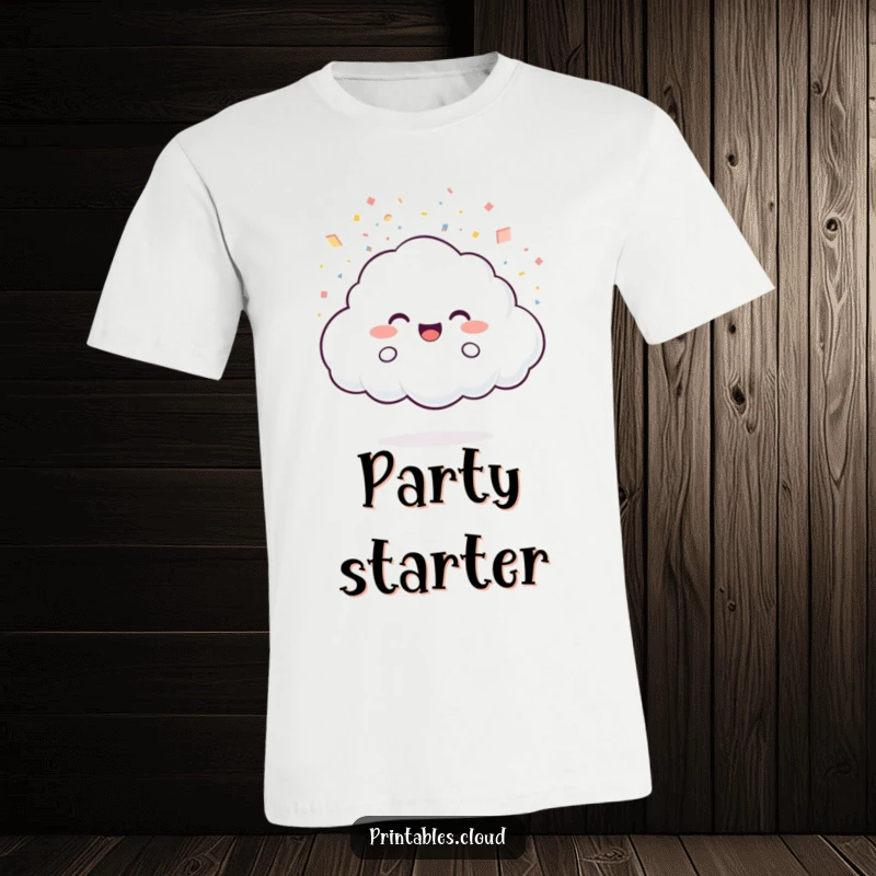 Funny T-Shirt: A joyful cloud character showers tiny, bright light particles like confetti, creating a festive and humorous design.