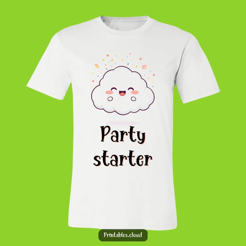 Funny Cloud Confetti T-Shirt: Joyful Character, Light Particle Shower, Party Tee
