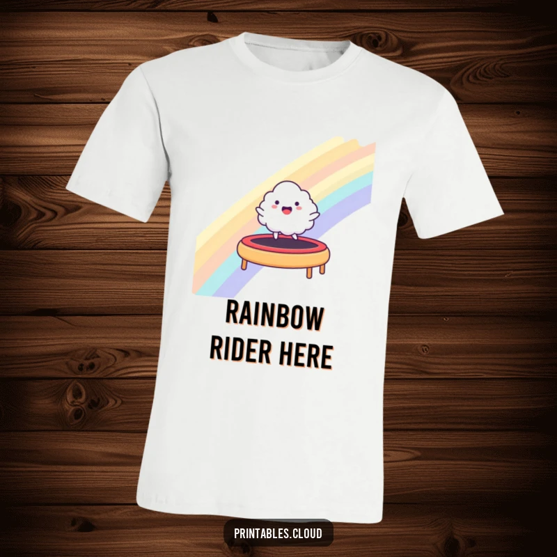 Funny t-shirt depicting a happy cloud character energetically bouncing on a rainbow as a trampoline, representing boundless joy.