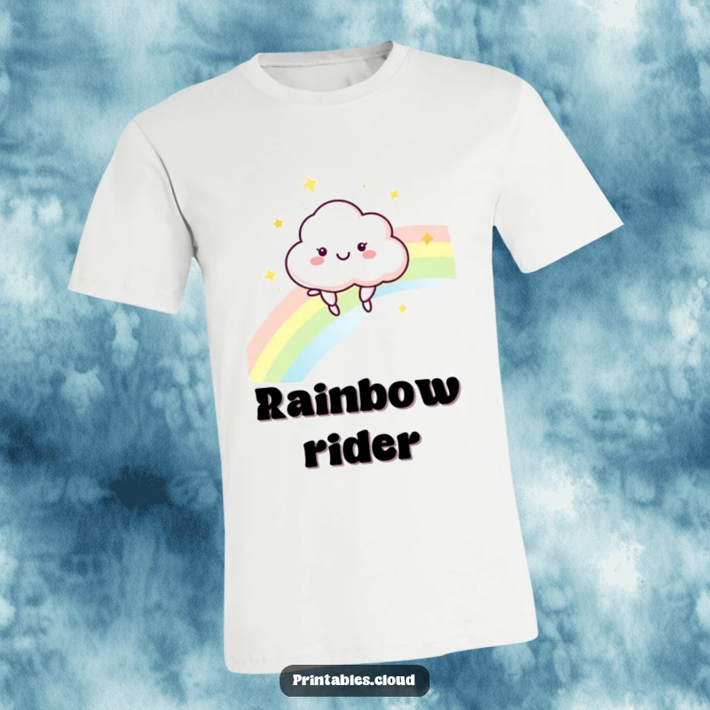 Funny Cloud T-Shirt: A happy cloud character bounces playfully on a colorful, shimmering rainbow.